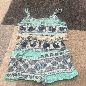 Elephant Print Romper with Lace Trim
